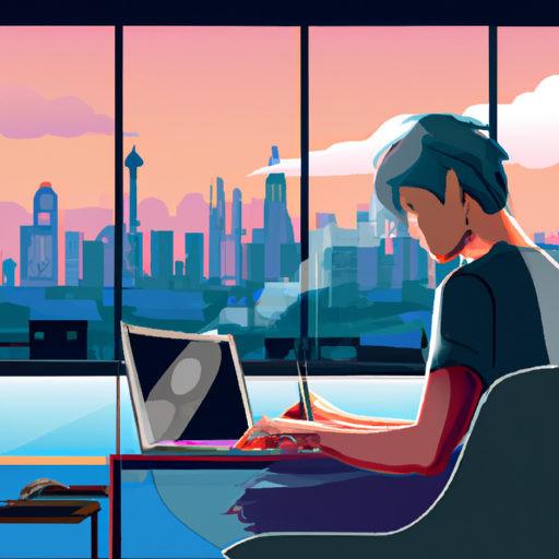 אדם שעובד בבית על מחשב נייד, כשברקע נוף של קו הרקיע של העיר.